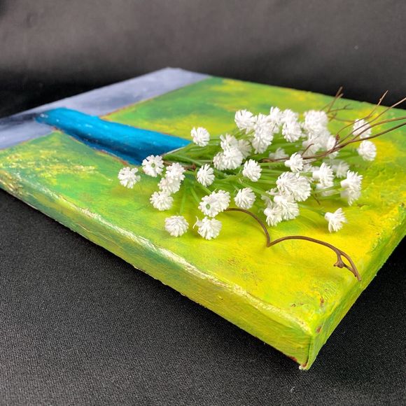 Original Art Floral Mixed Media Acrylic Painting Green Teal White Tall Vase - Picture 6 of 7